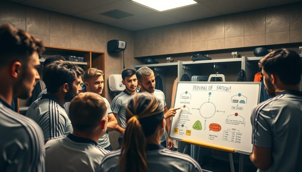 A dimly lit locker room, the air thick with a sense of anticipation. In the foreground, a team of elite soccer players gather around a whiteboard, strategizing ways to prevent fatigue and burnout. The coach, with a stern yet encouraging expression, points to diagrams outlining recovery techniques, nutrition plans, and mental exercises. The players, their faces a mix of determination and focus, listen intently, ready to implement these strategies to maintain peak performance, even as they approach the later stages of their careers. In the background, medical equipment and specialized training gear hint at the comprehensive support system in place, ensuring the team's well-being. Soft, warm lighting casts a sense of camaraderie and unity, underscoring the importance of a nurturing team environment in sustaining elite athleticism. A dimly lit locker room, the air thick with a sense of anticipation. In the foreground, a team of elite soccer players gather around a whiteboard, strategizing ways to prevent fatigue and burnout. The coach, with a stern yet encouraging expression, points to diagrams outlining recovery techniques, nutrition plans, and mental exercises. The players, their faces a mix of determination and focus, listen intently, ready to implement these strategies to maintain peak performance, even as they approach the later stages of their careers. In the background, medical equipment and specialized training gear hint at the comprehensive support system in place, ensuring the team's well-being. Soft, warm lighting casts a sense of camaraderie and unity, underscoring the importance of a nurturing team environment in sustaining elite athleticism.