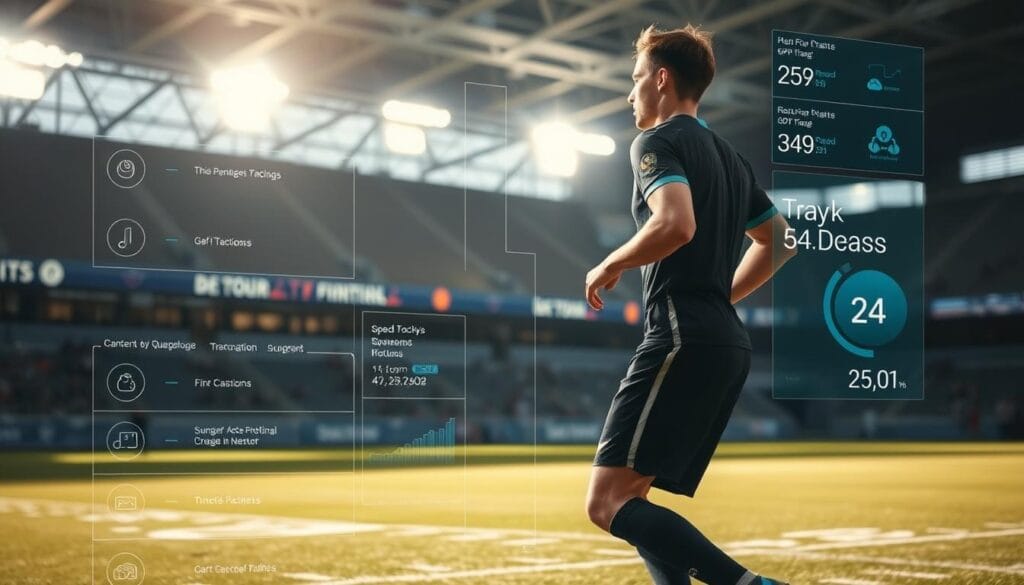 A football player on the field, wearing a GPS tracking device, with a data visualization overlay showing their movements, speed, and other metrics. The player is in sharp focus, surrounded by a blurred stadium background, with bright stadium lighting casting dramatic shadows. The image conveys the power of wearable technology to provide coaches and analysts with deep insights into player performance and tactics. A football player on the field, wearing a GPS tracking device, with a data visualization overlay showing their movements, speed, and other metrics. The player is in sharp focus, surrounded by a blurred stadium background, with bright stadium lighting casting dramatic shadows. The image conveys the power of wearable technology to provide coaches and analysts with deep insights into player performance and tactics.