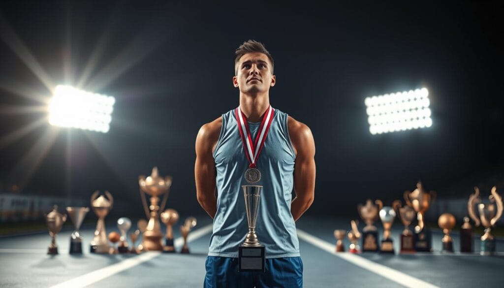 A high-profile athlete stands at a crossroads, faced with a pivotal career decision. Dramatic lighting illuminates their pensive expression as they contemplate their next move. In the middle ground, a visual representation of their accomplishments - trophies, medals, and accolades - serve as a tangible reminder of their success. The background is blurred, emphasizing the intensity of the moment and the weight of the decision. The scene exudes a sense of tension and introspection, capturing the essence of a critical juncture in an elite athlete's career. A high-profile athlete stands at a crossroads, faced with a pivotal career decision. Dramatic lighting illuminates their pensive expression as they contemplate their next move. In the middle ground, a visual representation of their accomplishments - trophies, medals, and accolades - serve as a tangible reminder of their success. The background is blurred, emphasizing the intensity of the moment and the weight of the decision. The scene exudes a sense of tension and introspection, capturing the essence of a critical juncture in an elite athlete's career.