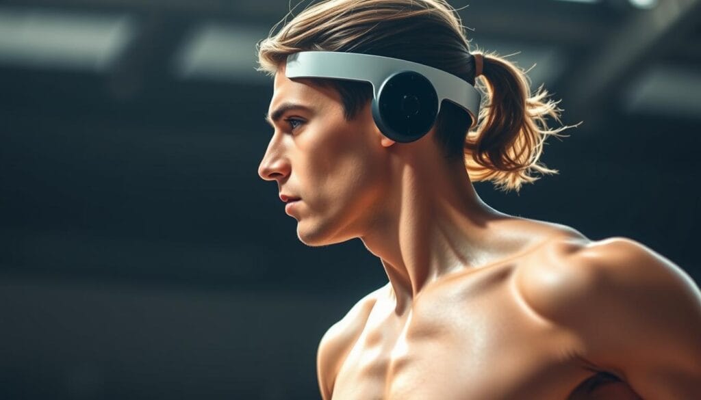 A professional athlete wearing a sleek, high-tech wearable device. The device is streamlined and minimalist, with a clean, modern design. It features multiple sensors that track the athlete's biometric data, such as heart rate, breathing, and muscle activity. The athlete is captured in mid-motion, showcasing the device's seamless integration with their movements. The lighting is bright and directional, casting dramatic shadows and highlights on the athlete's form and the wearable technology. The background is blurred, keeping the focus on the athlete and the device. The overall mood is one of innovation, performance, and the convergence of technology and human athleticism. A professional athlete wearing a sleek, high-tech wearable device. The device is streamlined and minimalist, with a clean, modern design. It features multiple sensors that track the athlete's biometric data, such as heart rate, breathing, and muscle activity. The athlete is captured in mid-motion, showcasing the device's seamless integration with their movements. The lighting is bright and directional, casting dramatic shadows and highlights on the athlete's form and the wearable technology. The background is blurred, keeping the focus on the athlete and the device. The overall mood is one of innovation, performance, and the convergence of technology and human athleticism.