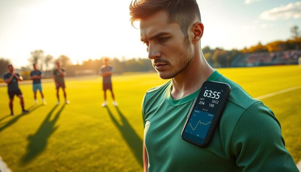 A soccer player wearing a performance monitoring wearable device, standing on a lush green field under a bright, warm afternoon sun. The device's display shows real-time biometric data, including heart rate, speed, and distance covered. The player's intense expression and athletic stance convey the focus and dedication of elite-level training. The background features other players and coaches observing the data, showcasing the integration of this technology into the team's tactics and strategy. The scene is captured with a wide-angle lens, emphasizing the scale and importance of this real-time performance monitoring on the field. A soccer player wearing a performance monitoring wearable device, standing on a lush green field under a bright, warm afternoon sun. The device's display shows real-time biometric data, including heart rate, speed, and distance covered. The player's intense expression and athletic stance convey the focus and dedication of elite-level training. The background features other players and coaches observing the data, showcasing the integration of this technology into the team's tactics and strategy. The scene is captured with a wide-angle lens, emphasizing the scale and importance of this real-time performance monitoring on the field.