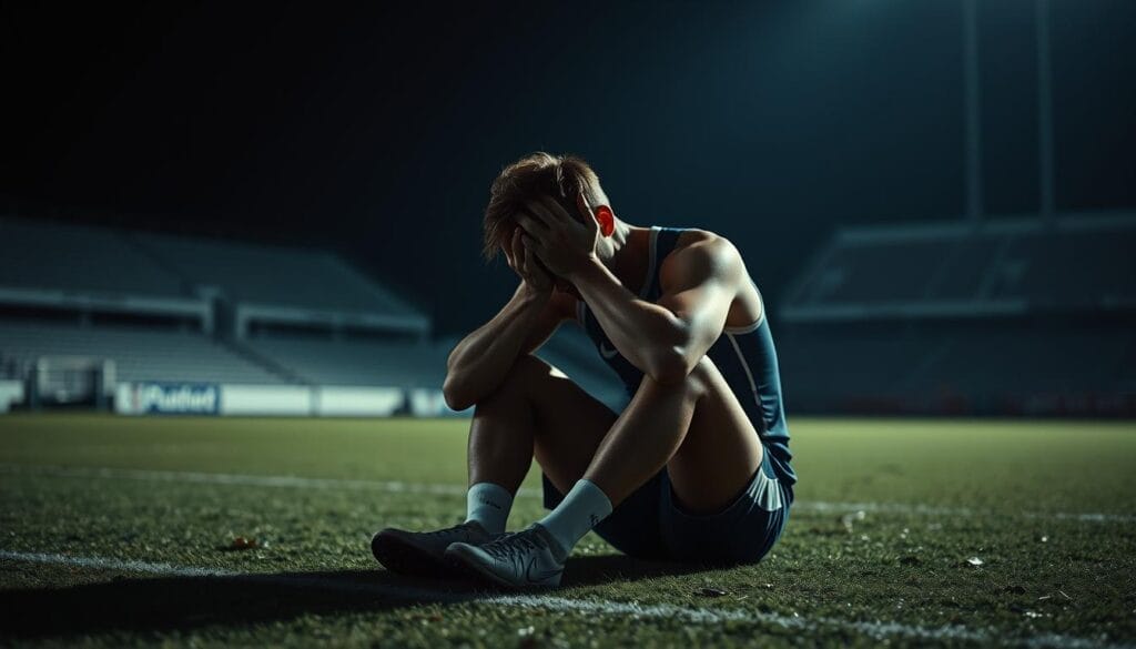 A solitary athlete, head in hands, sits on a dimly lit field, the weight of their mental burden visible in their posture. The scene is captured with a somber, cinematic lighting, casting long shadows and muted tones that convey a sense of loneliness and introspection. In the background, the blurred outlines of a stadium suggest the high-pressure environment they've left behind, while the lack of other figures emphasizes their isolation. The composition draws the viewer's attention to the athlete's pained expression, inviting empathy and reflection on the psychological toll of elite competition. A solitary athlete, head in hands, sits on a dimly lit field, the weight of their mental burden visible in their posture. The scene is captured with a somber, cinematic lighting, casting long shadows and muted tones that convey a sense of loneliness and introspection. In the background, the blurred outlines of a stadium suggest the high-pressure environment they've left behind, while the lack of other figures emphasizes their isolation. The composition draws the viewer's attention to the athlete's pained expression, inviting empathy and reflection on the psychological toll of elite competition.