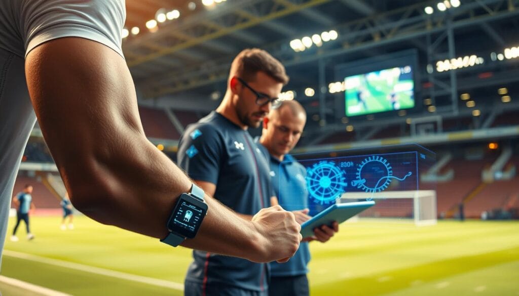A sports stadium bathed in warm lighting, with athletes wearing high-tech biometric sensors monitoring their every movement. In the foreground, a player's arm showcases a sleek wearable device tracking vital signs and muscle activity. In the middle ground, a coach intently analyzes real-time data on a tablet, evaluating each athlete's performance and injury risk. The background reveals a state-of-the-art training facility, with cutting-edge equipment and holographic displays visualizing complex biometric patterns. The scene conveys the intersection of technology and sports, where data-driven insights empower coaches to prevent injuries and optimize player health. A sports stadium bathed in warm lighting, with athletes wearing high-tech biometric sensors monitoring their every movement. In the foreground, a player's arm showcases a sleek wearable device tracking vital signs and muscle activity. In the middle ground, a coach intently analyzes real-time data on a tablet, evaluating each athlete's performance and injury risk. The background reveals a state-of-the-art training facility, with cutting-edge equipment and holographic displays visualizing complex biometric patterns. The scene conveys the intersection of technology and sports, where data-driven insights empower coaches to prevent injuries and optimize player health.