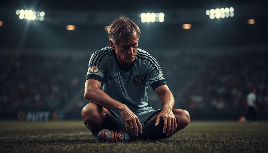 A visually exhausted, middle-aged soccer player sits hunched on a dimly lit field, his uniform rumpled and soaked in sweat. The stadium lights cast long, distorted shadows, creating a sense of isolation and emotional fatigue. In the background, a blurred crowd watches with a mix of concern and disillusionment, their faces obscured by the hazy atmosphere. The player's expression conveys a profound weariness, a haunting glimpse into the physical and mental toll of elite athletic performance over time. The scene is suffused with a moody, somber tone, reflecting the challenges faced by aging superstars as they confront the realities of burnout. A visually exhausted, middle-aged soccer player sits hunched on a dimly lit field, his uniform rumpled and soaked in sweat. The stadium lights cast long, distorted shadows, creating a sense of isolation and emotional fatigue. In the background, a blurred crowd watches with a mix of concern and disillusionment, their faces obscured by the hazy atmosphere. The player's expression conveys a profound weariness, a haunting glimpse into the physical and mental toll of elite athletic performance over time. The scene is suffused with a moody, somber tone, reflecting the challenges faced by aging superstars as they confront the realities of burnout.
