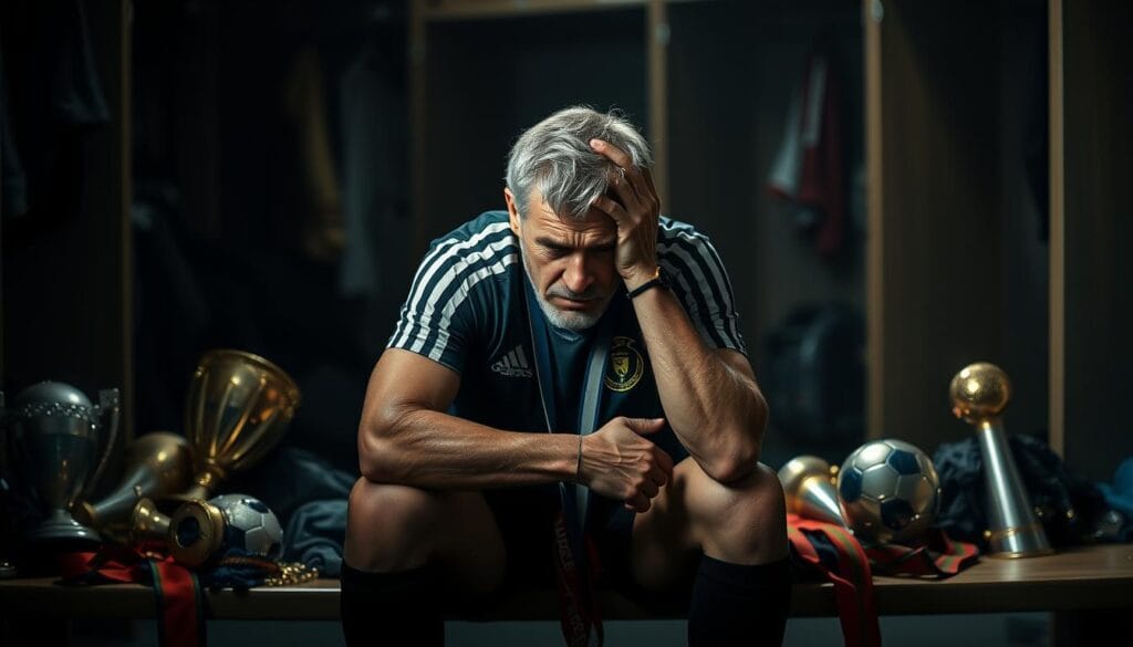A weary, middle-aged soccer player sits on a bench, head in hands, surrounded by discarded trophies and medals. The locker room is dimly lit, casting long shadows that convey a sense of melancholy and isolation. The player's expression reflects the emotional and physical toll of a long, illustrious career. The background is blurred, emphasizing the player's introspective moment, as if the world has faded away. The lighting is somber, with muted tones and a hazy atmosphere, evoking a feeling of burnout and disillusionment. The composition creates a powerful visual metaphor for the financial and personal challenges faced by elite athletes after the prime of their careers. A weary, middle-aged soccer player sits on a bench, head in hands, surrounded by discarded trophies and medals. The locker room is dimly lit, casting long shadows that convey a sense of melancholy and isolation. The player's expression reflects the emotional and physical toll of a long, illustrious career. The background is blurred, emphasizing the player's introspective moment, as if the world has faded away. The lighting is somber, with muted tones and a hazy atmosphere, evoking a feeling of burnout and disillusionment. The composition creates a powerful visual metaphor for the financial and personal challenges faced by elite athletes after the prime of their careers.